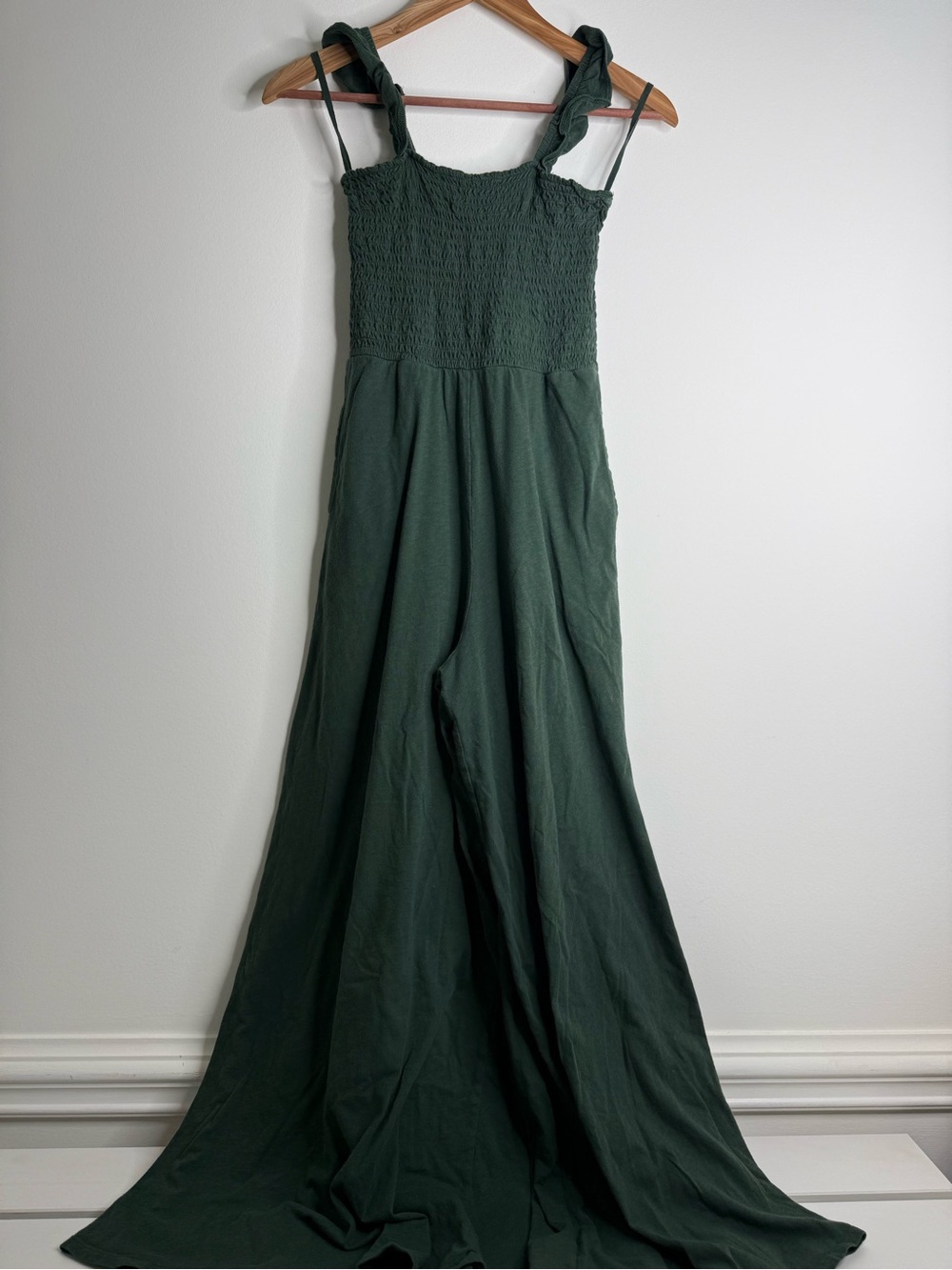 Aerie Forest Green Smocked Wide Leg Jumpsuit Maxi Romper XS Tall